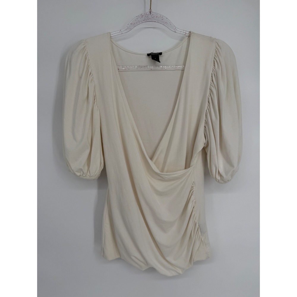 Kenneth Cole Reaction Cream Wrap V-Neck Puff Sleeve Ruched Top Womens Sz S